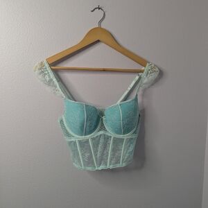 Teal Lace Bustier Corset Top, Size M | Underwire, Sheer Mesh, Y2K